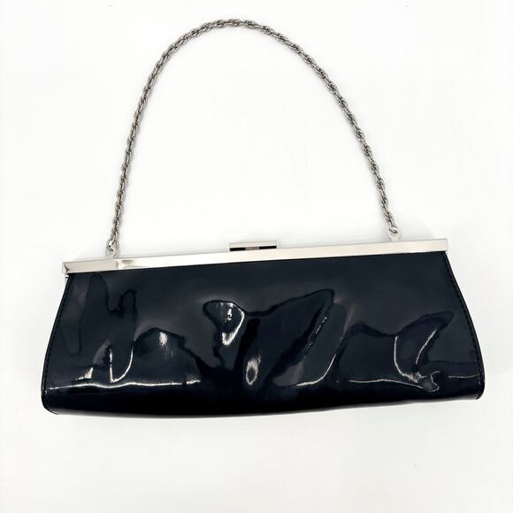 Ann Taylor Loft Black Patent Clutch Shoulder Bag Silver Chain Strap Glossy - Picture 1 of 6